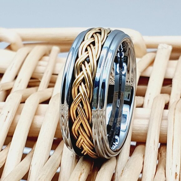 Tungsten Men's Ring with Yellow Gold Braided Inlay, GALTUN683 - Picture 1 of 5